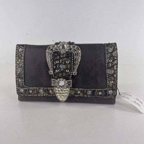 Rustic black Wallet Pocket Book Beaded Jewels Embroidered Rhinestone - Picture 1 of 10